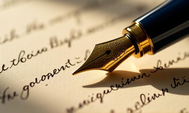 Close up of a sophisticated fountain pen resting on a detailed legal manuscript with historical calligraphy