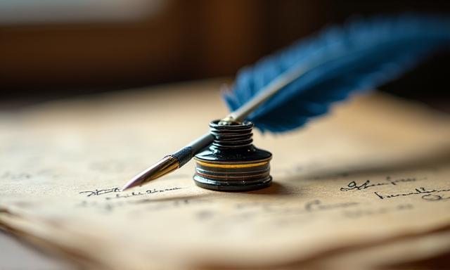 Close-up of a traditional quill and inkwell on vellum